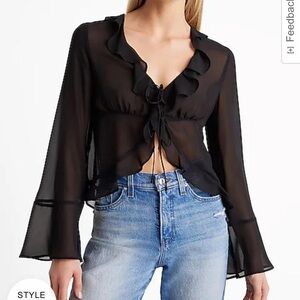 Express Sheer V-Neck Kimono Sleeve Ruffle Tie Front Top Black Size M NWOT